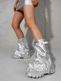 Glitter Metallic Silver Fold Over Slouchy Shark Boots For Women Chunky Heel Wide Calf Versatile Platform Pull On Pleated Mid Calf Boots
