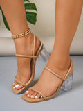 Women's Fashionable Casual Elegant Square Toe Clear Chunky High Heels PU Sandals With Gorgeous Straps, Slip-On Back Zipper And Comfortable Daily Wear Summer Sandals