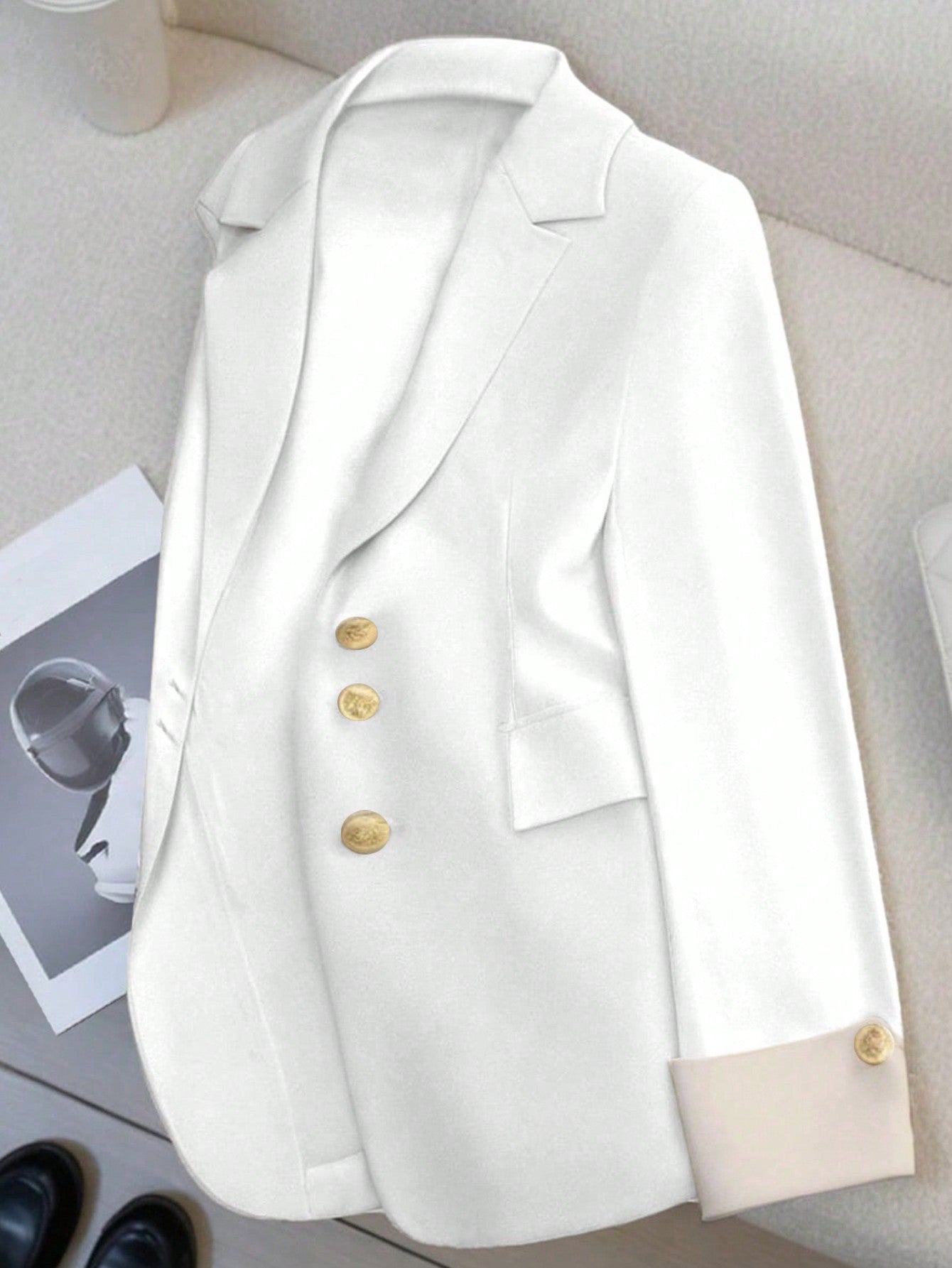 Frenchy Contrast Color Turn-Down Collar Pleated Sleeve Slim-Fit Commuter Casual Summer Blazer Outwear