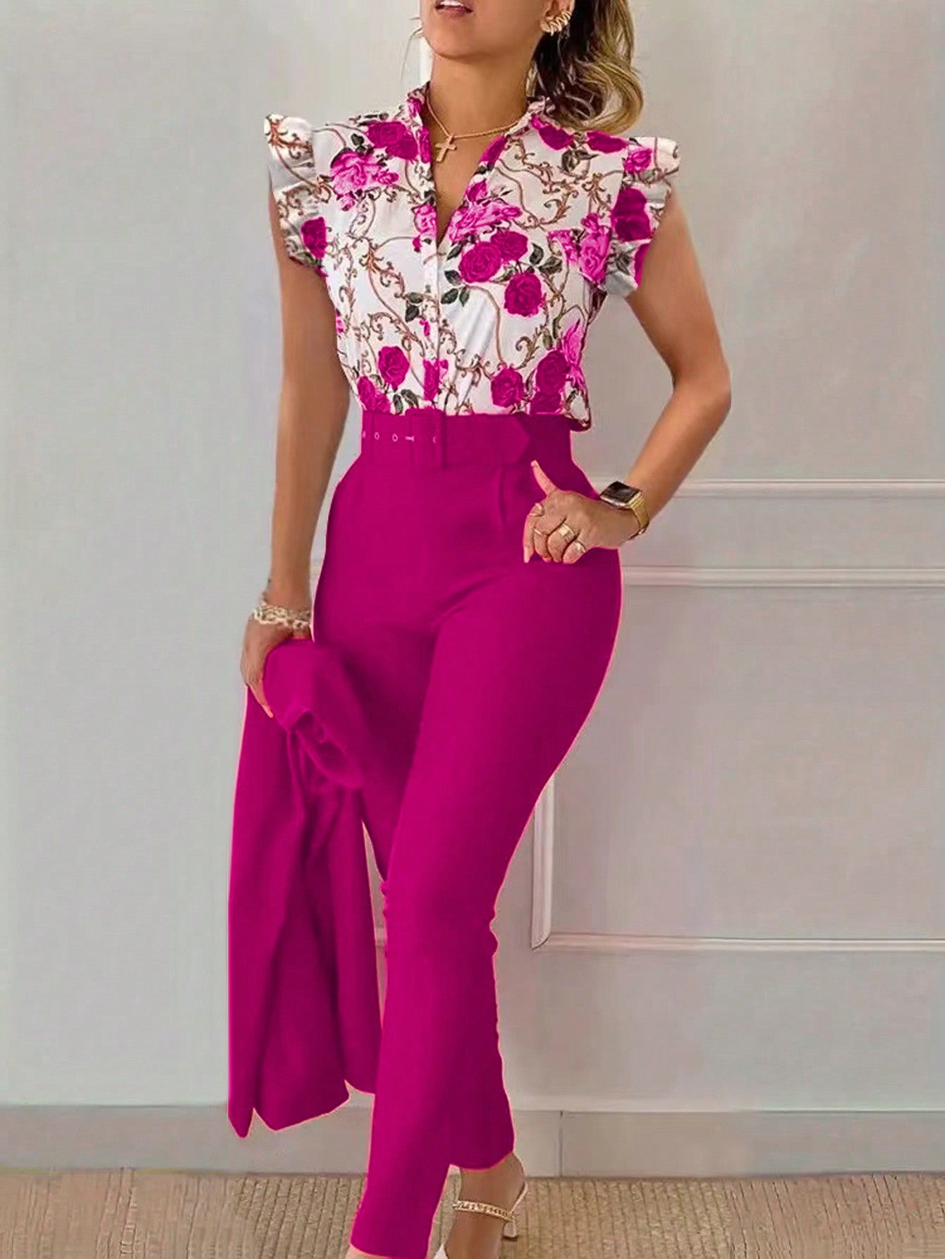 Floral Print Ruffle Trim Blouse & Pants For Summer