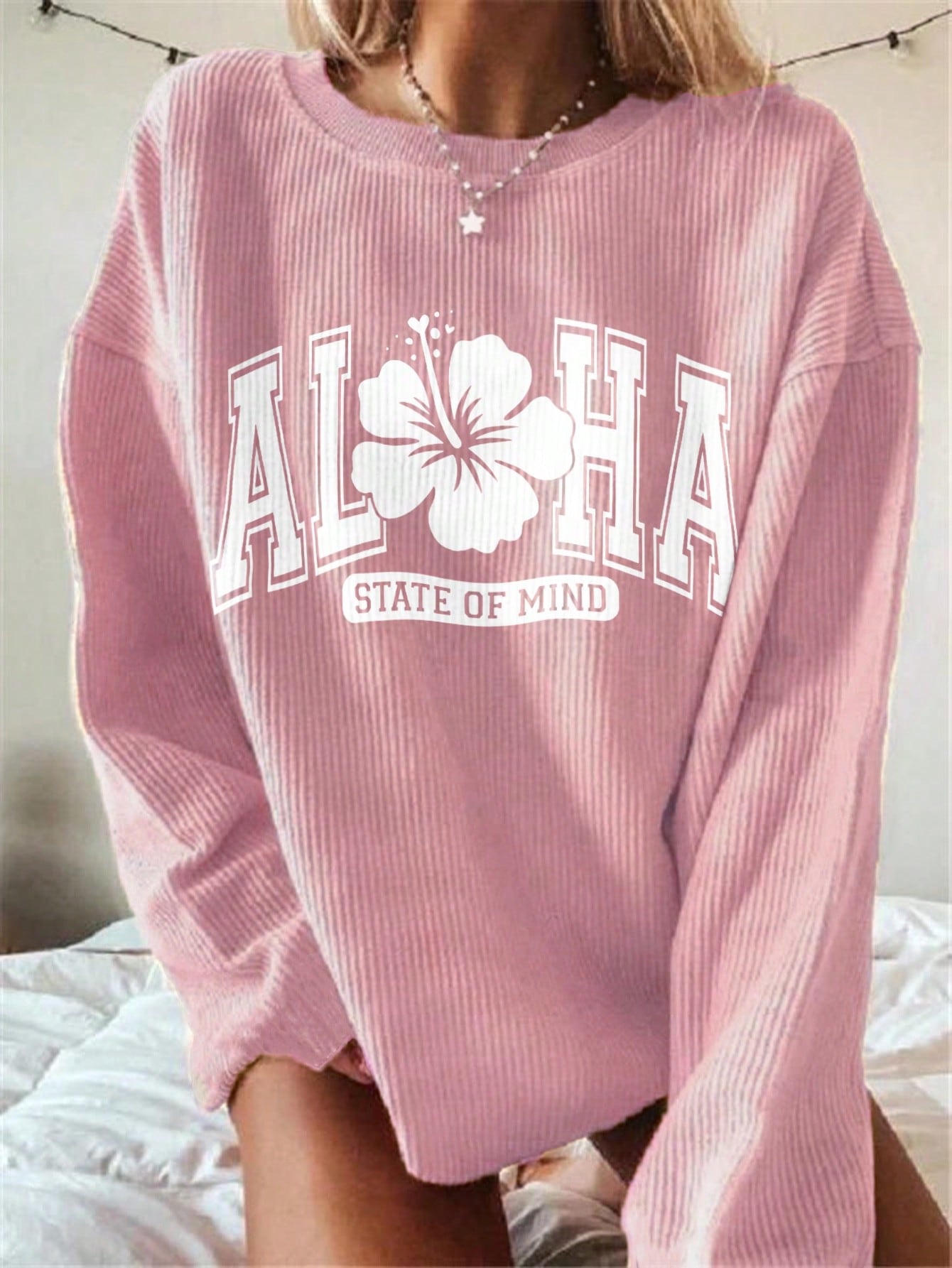 Floral & Letter Graphic Drop Shoulder Corduroy Sweatshirt