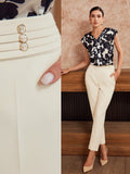 MOTF Classy SOLID RUCHED BUTTON WAIST SLANT POCKET SEAM FRONT SUIT PANTS