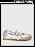 Sugerpunk Women's Silver Double Buckle Bowknot Decoration Casual Flat Shoes