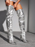 Vintage Silver Pointed Toe Thin Heel Over-The-Knee Boots, Fashionable And Versatile High Heeled Long Boots For Women Halloween
