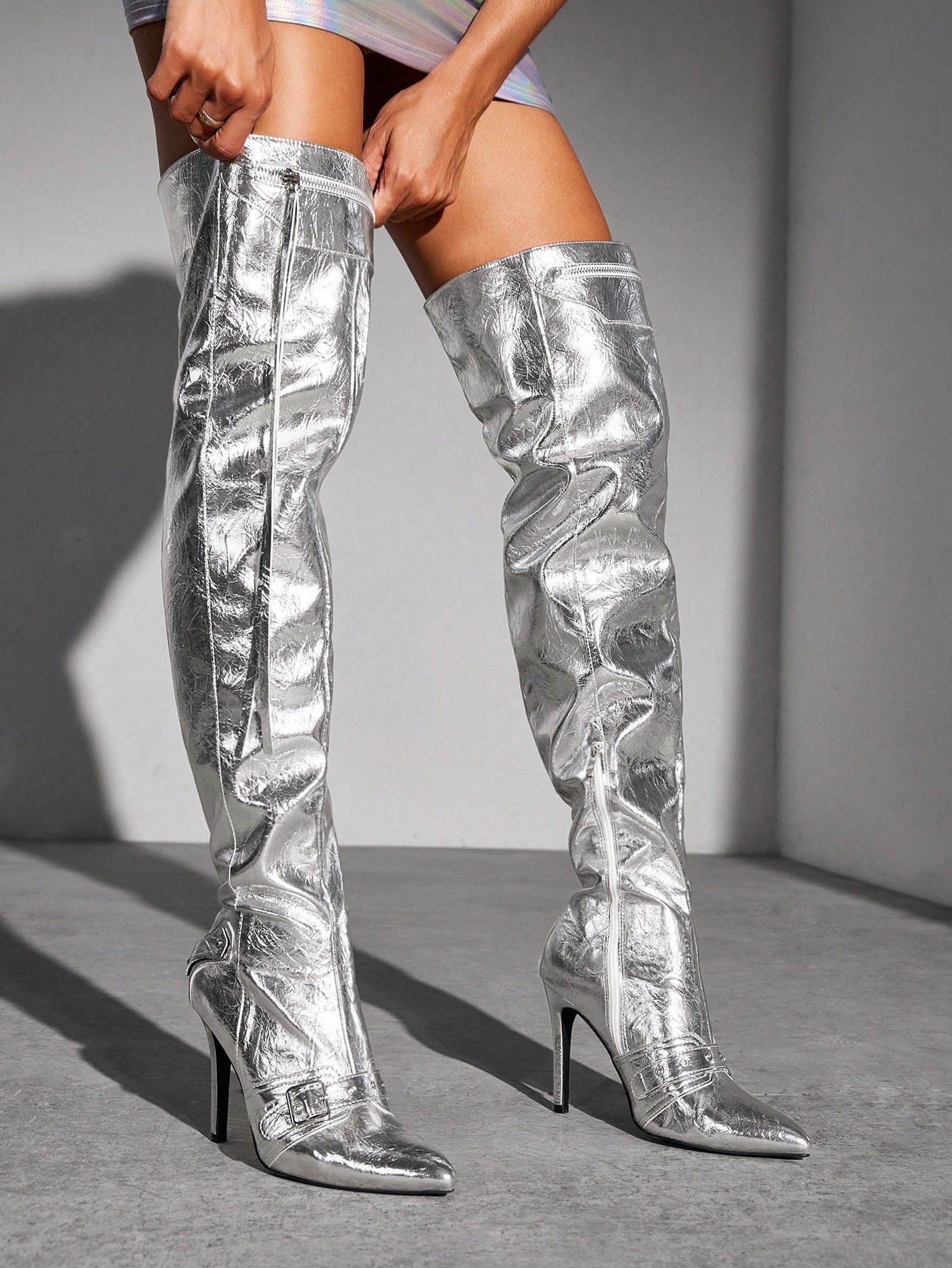 Vintage Silver Pointed Toe Thin Heel Over-The-Knee Boots, Fashionable And Versatile High Heeled Long Boots For Women Halloween
