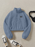 Letter Patched Detail Kangaroo Pocket Drop Shoulder Teddy Sweatshirt