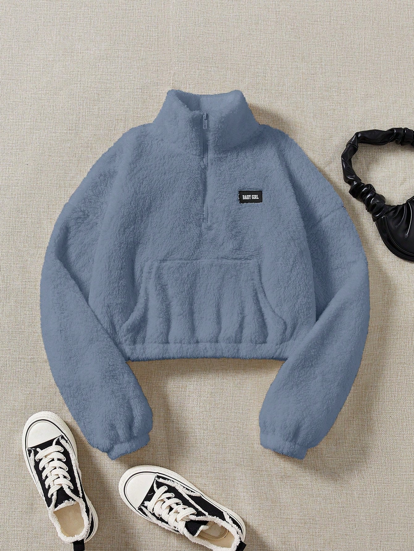 Letter Patched Detail Kangaroo Pocket Drop Shoulder Teddy Sweatshirt