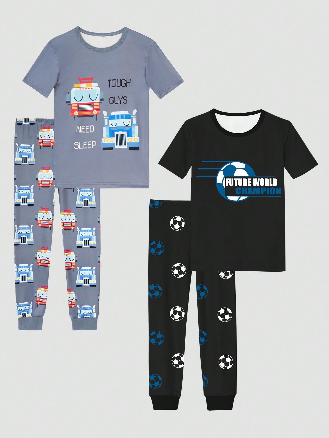 4pcs Snug Fit Truck & Soccer Printed Short Sleeve Top And Long Pants Pajamas Set For Tween Boys