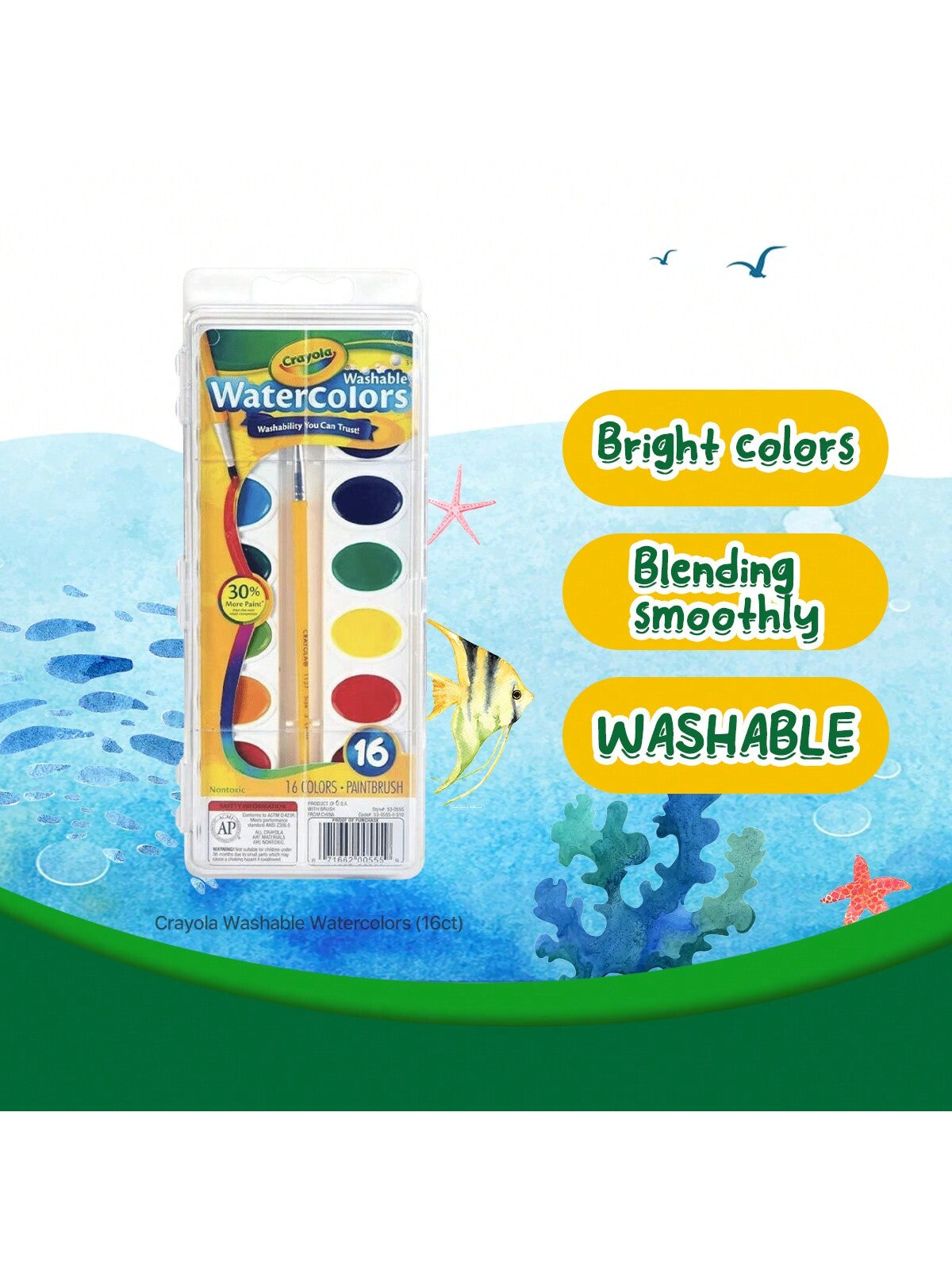 Crayola Washable Watercolors, 16 Colors Paint Brush