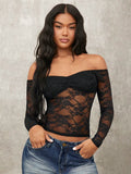 Romantic Date Sexy Long Sleeve Solid Color Lace See-Through Off-Shoulder Women's Top, Summer