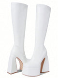 Platform Knee High Boots For Women Gothic Punk Stretch Mid Calf Boots Chunky High Heeled Combat Goth Motorcycle Boot