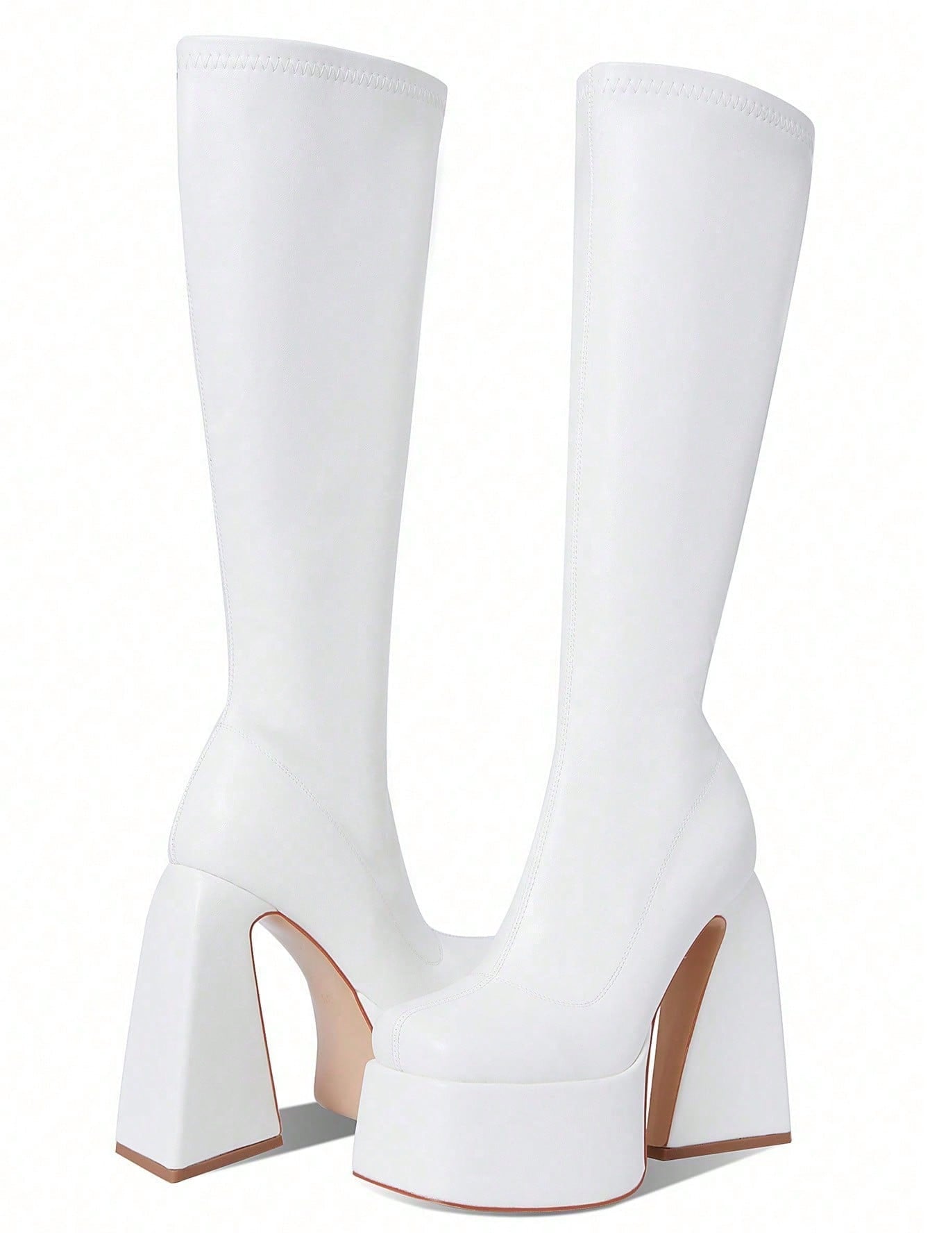 Platform Knee High Boots For Women Gothic Punk Stretch Mid Calf Boots Chunky High Heeled Combat Goth Motorcycle Boot
