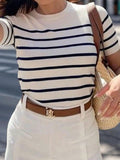 Frenchy Plus Size Round Neck Striped Short Sleeve T-Shirt
