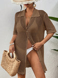 Swim Women's Short Sleeve Mesh Collar Button Loose Comfortable Kimono Cover-Up Shirt, Perfect For Vacation