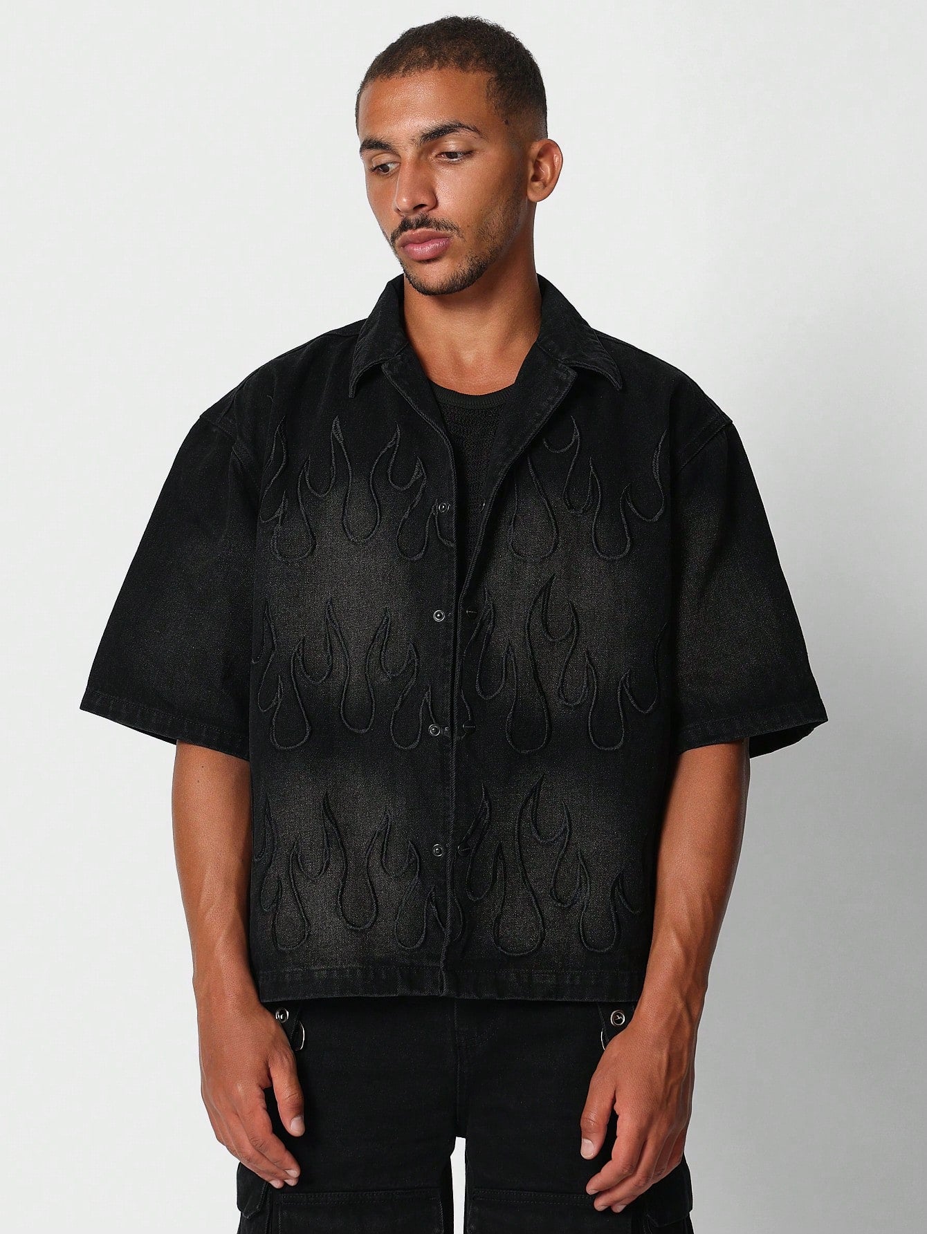 Boxy Fit Denim Shirt With Flame Embroidery College Ready
