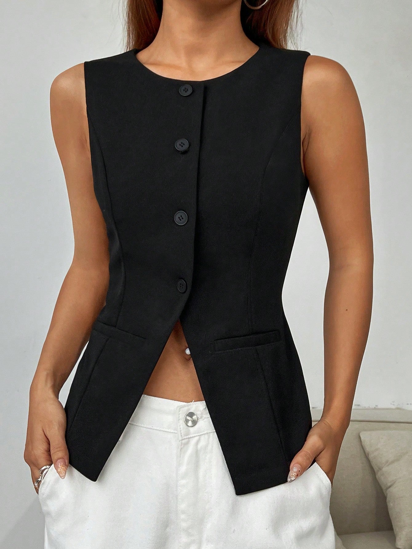 Women's Solid Color Sleeveless Blazer For Daily Wear