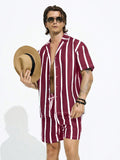 Men's Striped Printed Button-Front Short Sleeve Shirt And Drawstring Pocketed Shorts Holiday Beach Outfits
