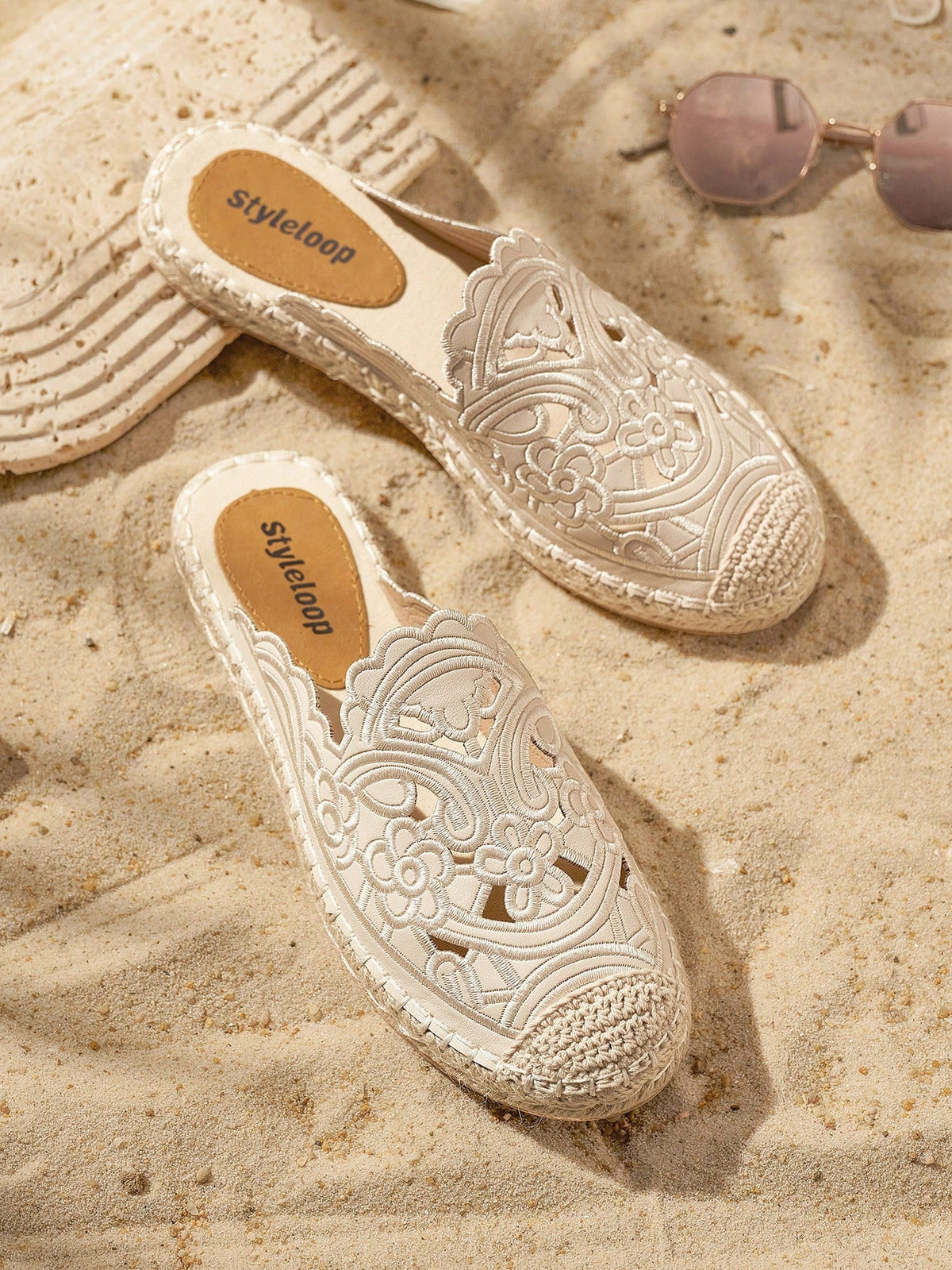 Styleloop Beige Casual Vintage Embroidered Platform Espadrilles With Thick Bottom And Woven Rope Shoe Lace  Boho Feels Vintage Cottagecore Frenchy Shoes Halloween