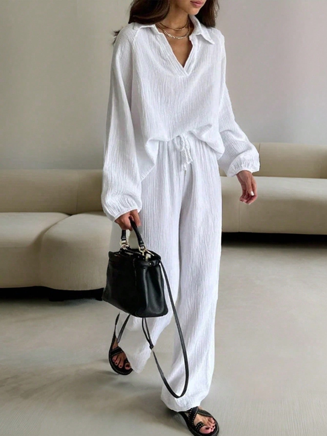 Women's Casual Outdoor Breathable Moisture Wicking Cotton Blend Drawstring Collar Top And Loose Pants Set For Vacation