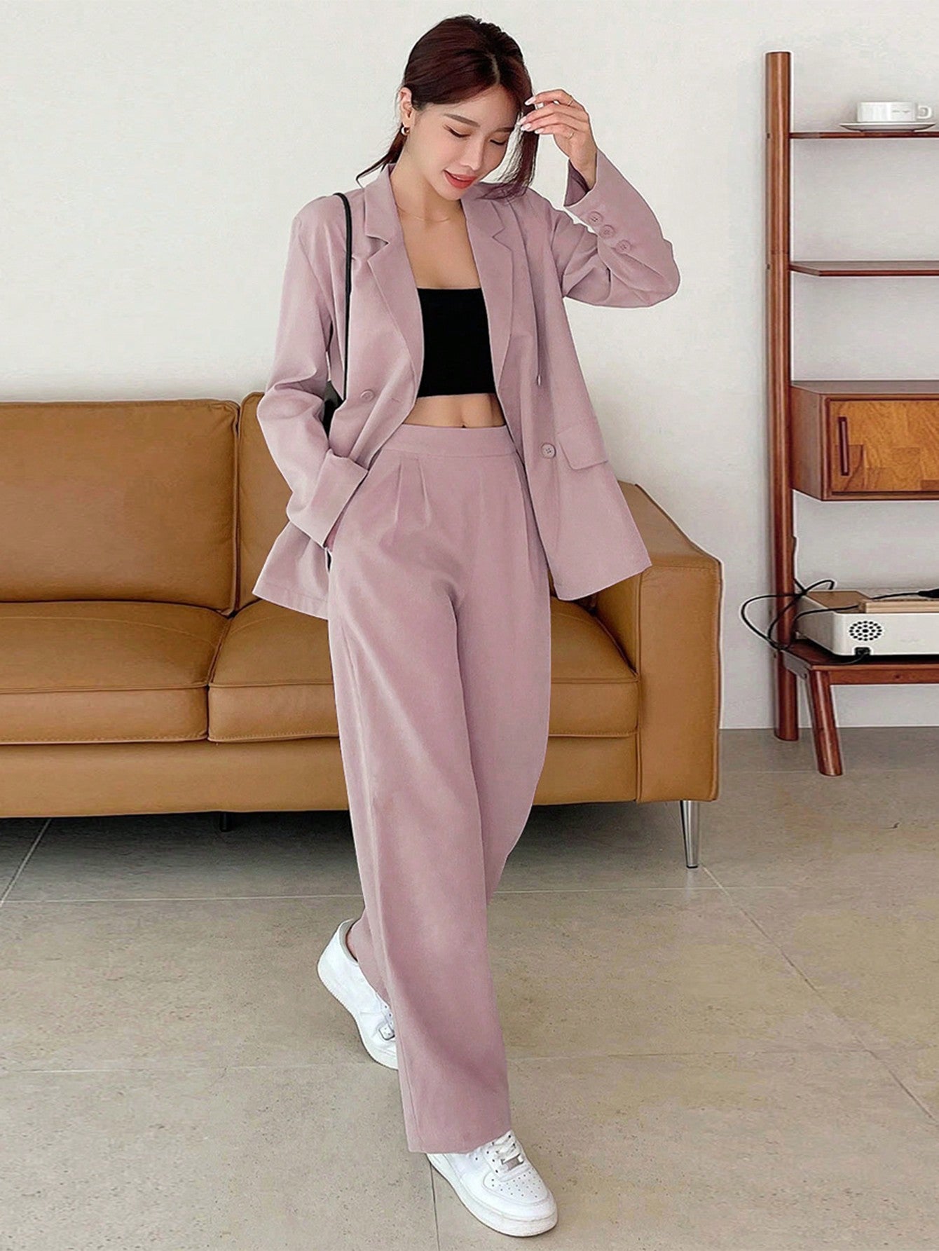 Ladies' Solid Color Suit Jacket And Long Pants Set