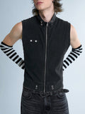 Denimwave Y2K Retro Street Style Men's Knitted Denim Black Snowflake Distressed Slim Fit High Collar Vest