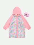 Girls' Pink Minimalist Flamingo Allover Print Long Sleeve Hooded Raincoat With Full Flower Print