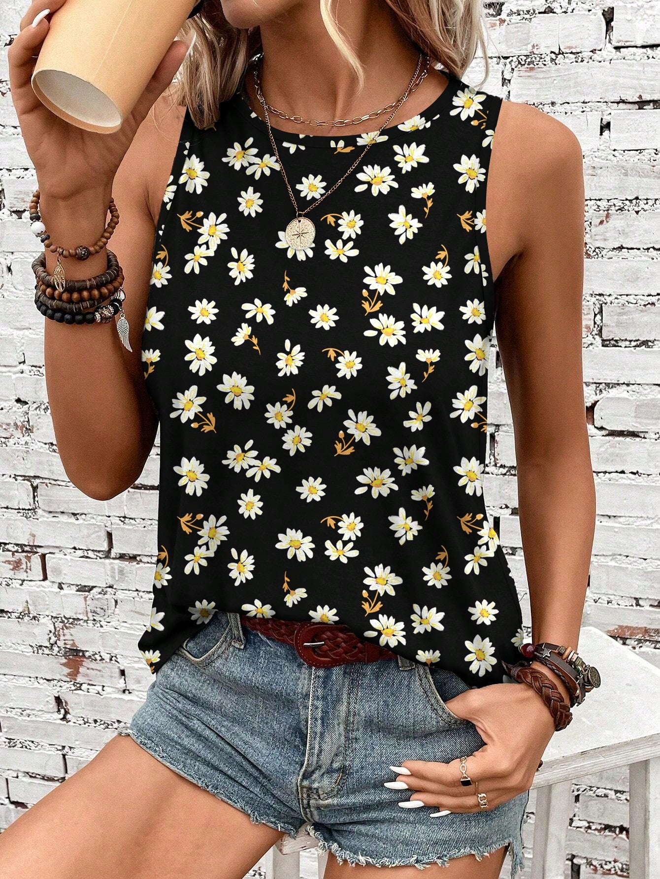 Women's Casual Floral Pattern Summer Round Neck Tank Top
