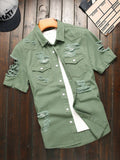 Men's Solid Color Button Front Short Sleeve Denim Shirt With Pockets And Distressed Detailing