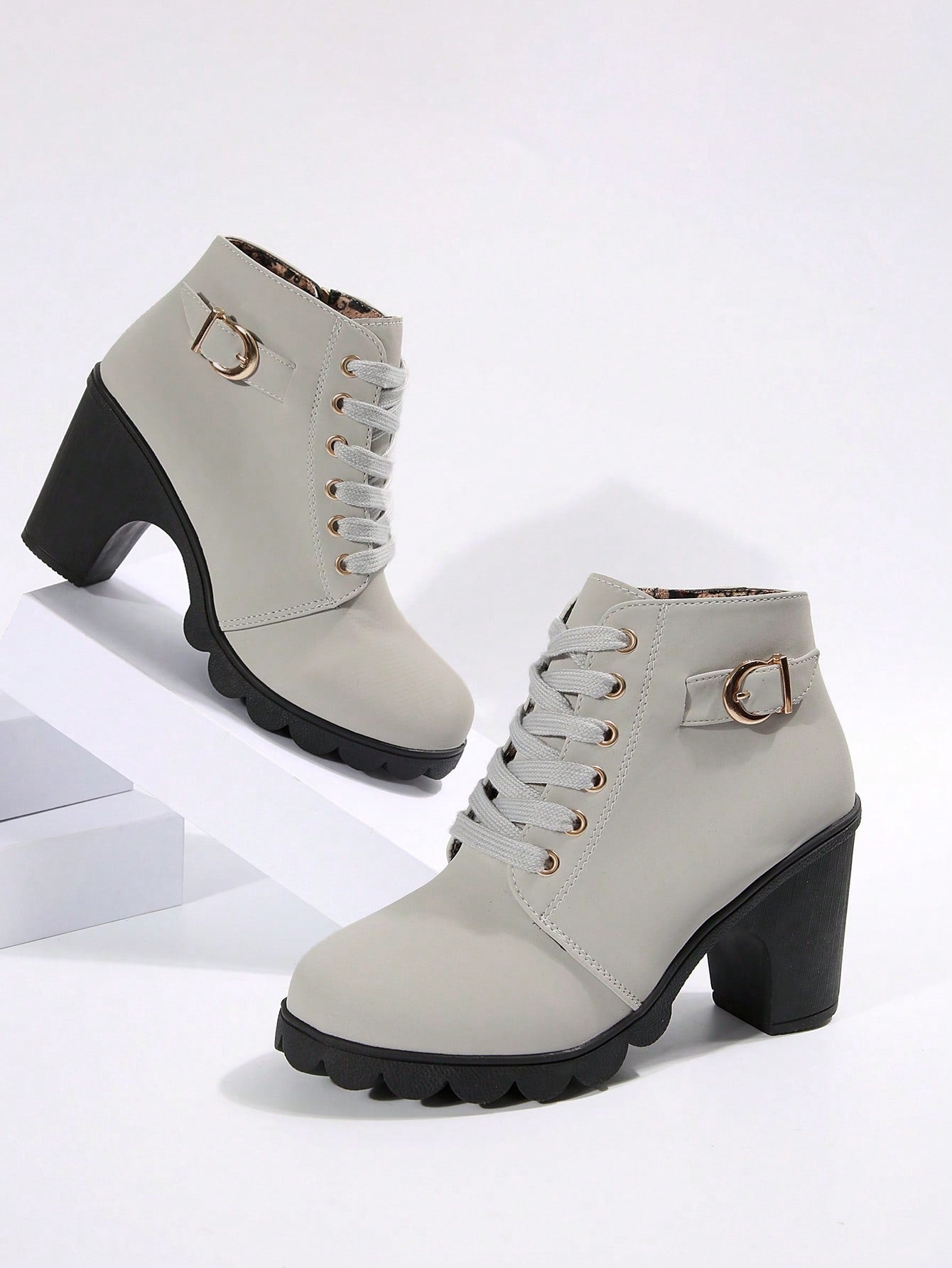 Elegant Women's Boots, Thick Heel With Buckle Decoration And Lace-Up Front