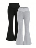Girls' Black/Grey Two-Piece Set Of Flared Pants, High Waist, High Elasticity, Classic And Versatile Trousers