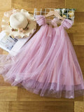 Young Girl 1pc Elegant, Lovely, Sweet Princess Dress With Bow Belt, Sparkling Sequins, Mesh And Tulle Material, Ideal For Parties, Beach, Birthdays, Spring/Summer Season