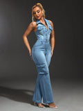 Women Flap Pocket Halter Cargo Denim Jumpsuit
