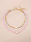 3pcs Girls' Colorful Rice Beads Heart Shaped Beaded Necklace Set