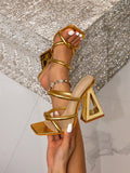 Women's High Heel Sandals, New Summer Comfortable And Versatile Muller Slippers, Elegant And Stylish Gold Cross Strap Open Toe Sandals For Beach Party