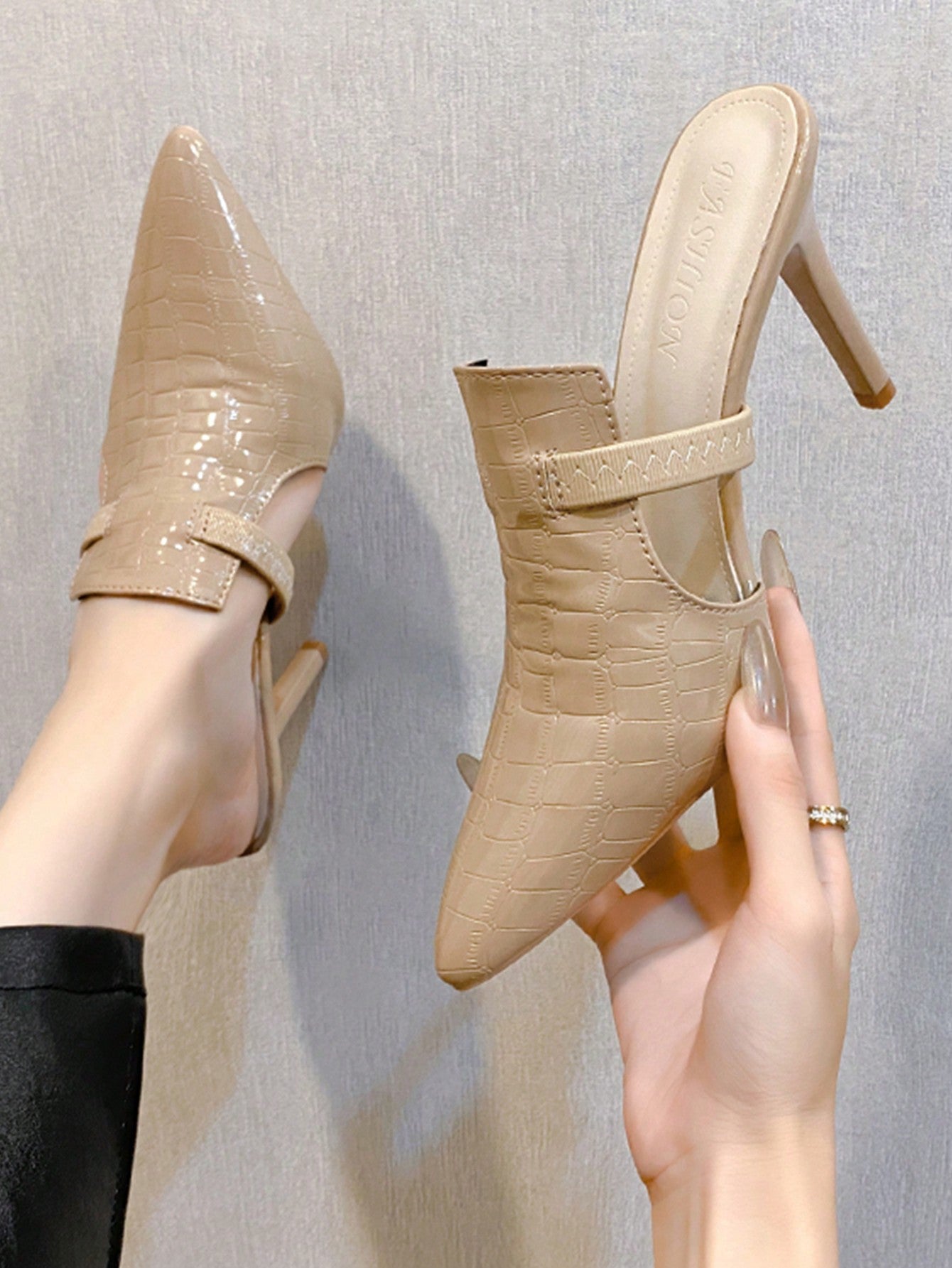 European And American Style Women's Fashionable Closed Toe High-Heel Mules, Solid Color Half-Slipper Half-Sandal