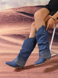 Blue Crystal Embellished Asymmetrical Slip-On Ankle Boots, Chunky Heel, Pointed Toe, Elegant & Versatile Women's Boots