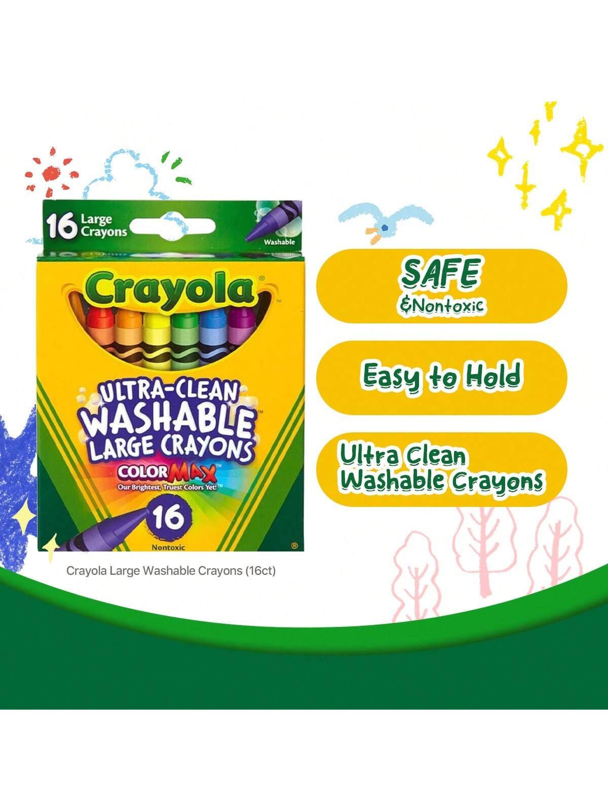 Crayola 52-3281 Large Washable Crayons Assorted Colors 16 Count