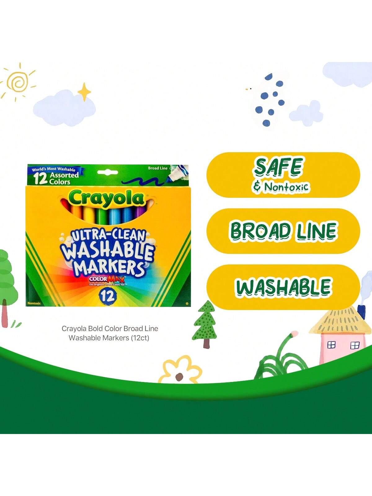 Crayola Broad Line Markers (12 Count), Washable Markers For Kids, Assorted, Great For Classrooms & School Supplies, Ages 3+