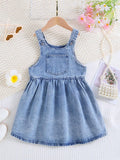 Girls' Cute Pocket Casual All-Match Denim Jumpsuit, Multi-Season Suitable