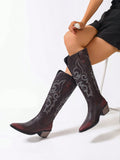 Wine Red Embroidered Distressed Floral Pattern Texture Chunky/Mid Heel Elegant Equestrian/Western Style Versatile Fashionable Women's Boots, Cowgirl Boots