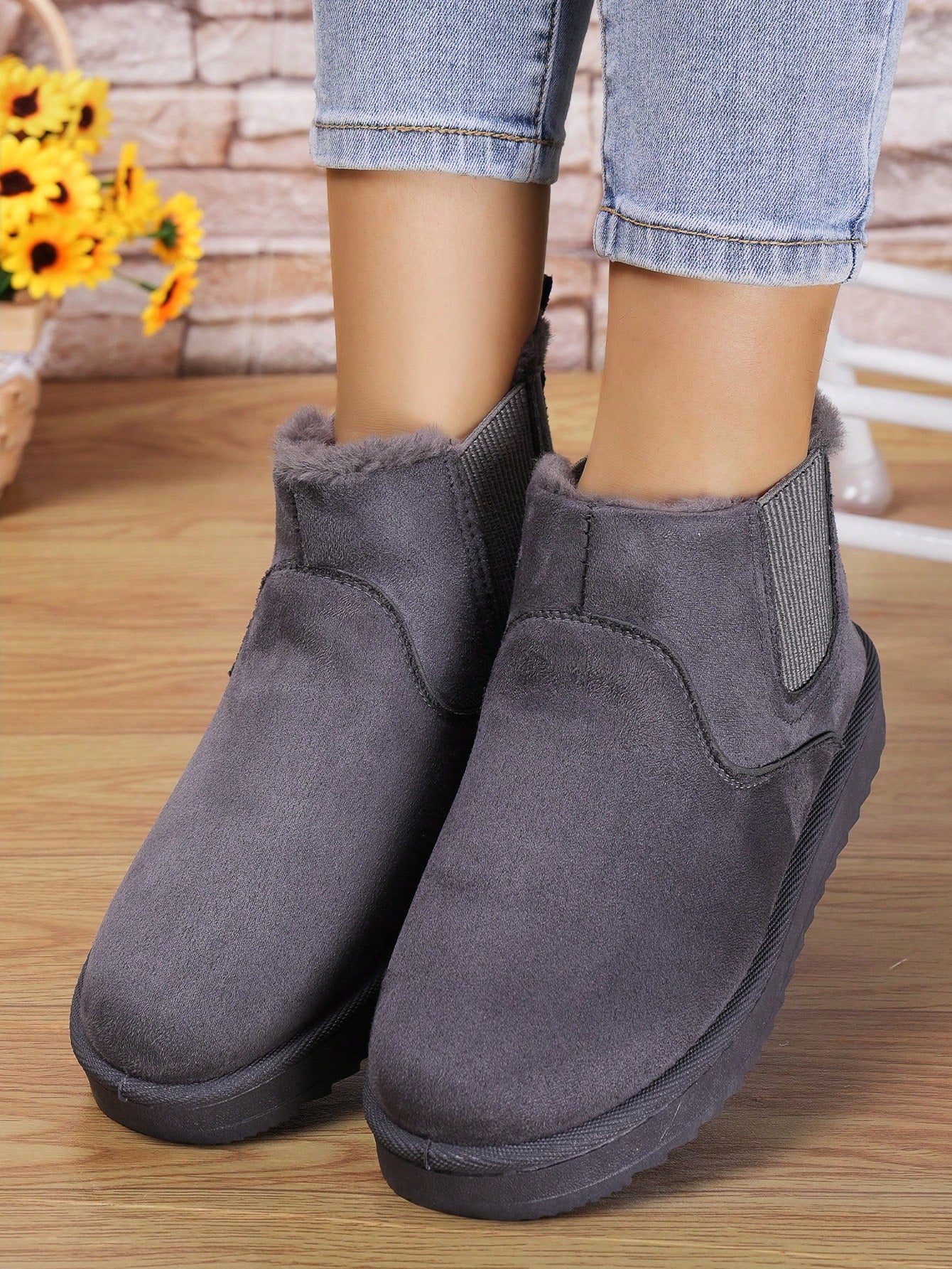 Women's Ankle Boots And Short Boots, Grey, Fleece Lined, Warm, Fashionable, Comfortable, Anti-Skid, Snow Boots For Students