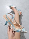 Women's Embroidered Chain Decor Pointed Toe Mule Sandals, Elegant Blue High Heels Suitable For Daily, Party, Formal Occasions