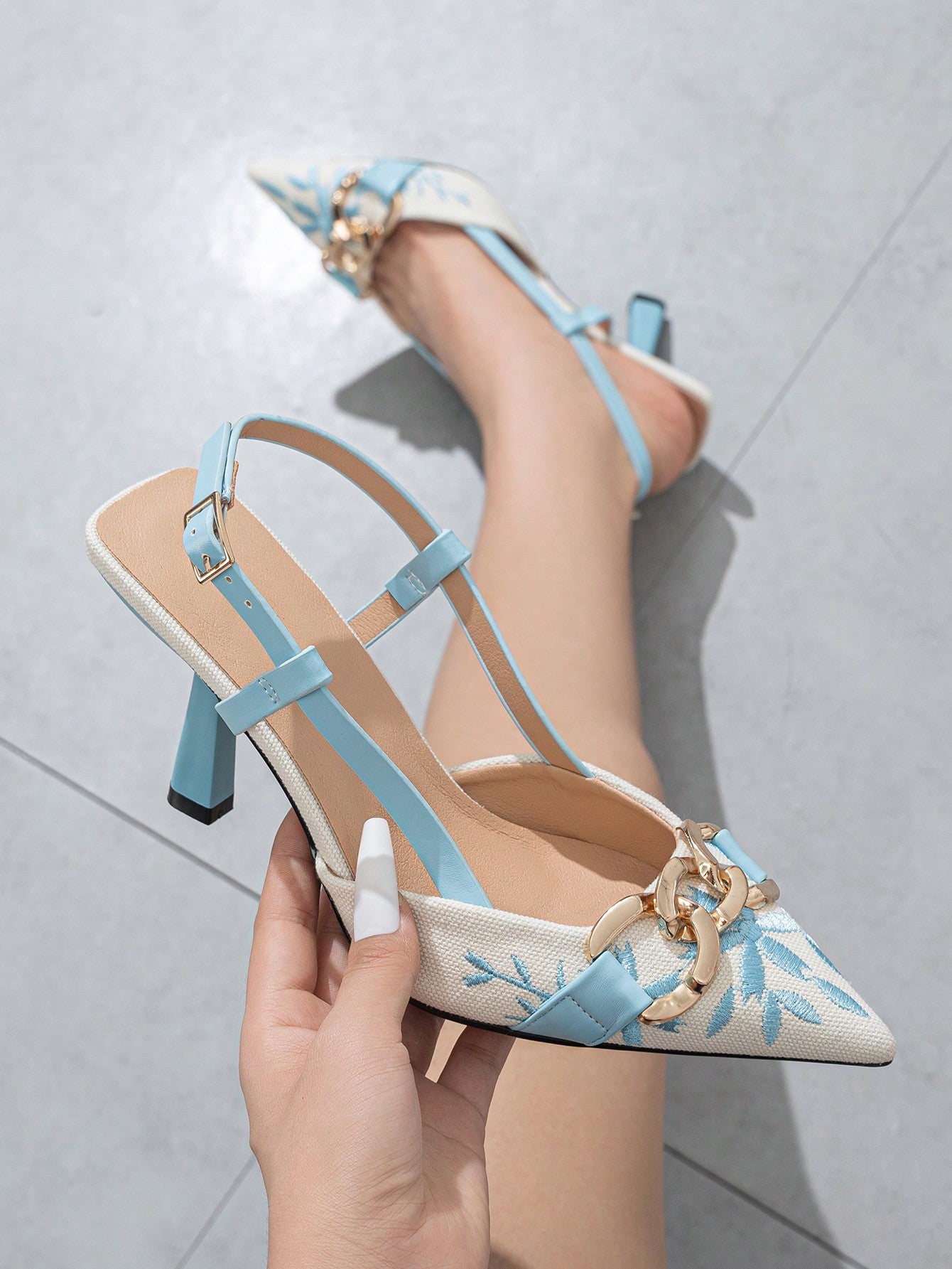Women's Embroidered Chain Decor Pointed Toe Mule Sandals, Elegant Blue High Heels Suitable For Daily, Party, Formal Occasions