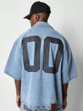 Boxy Fit Revere Collar Denim Shirt With Pocket And Back Number Graphic Print College Ready
