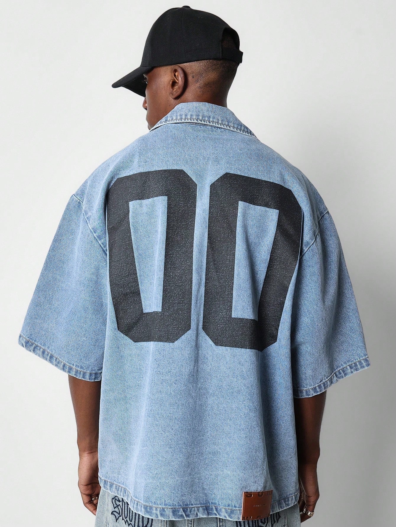 Boxy Fit Revere Collar Denim Shirt With Pocket And Back Number Graphic Print College Ready