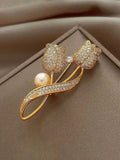 1pc Random Fashionable Tulip Shaped Faux Pearl & Rhinestone Brooch, Ideal Gift