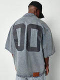 Boxy Fit Denim Shirt With Back Number Graphic Print College Ready