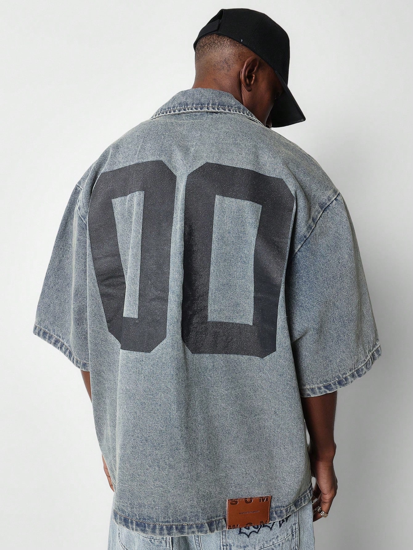 Boxy Fit Denim Shirt With Back Number Graphic Print College Ready