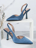 Solid Color Fashionable Pointed Silk Satin Back Strap Open-Toe High Heel Shoes For Women