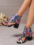 New Chinese Style Women's High-Heeled Sandals, Chunky Heel Open Toe Roman-Style Fashion Boots, Stylish Butterfly & Floral Design, Summer Collection